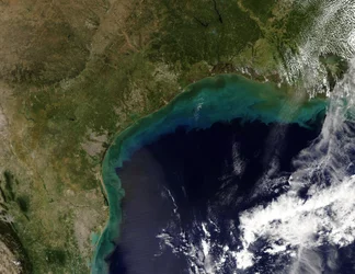 Vista satelital de la costa del Golfo, EE.UU. - Tamaulipas, México, hasta Nueva Orleans, Luisiana. Crédito NASA. Ciencia Tierra Geología Oceanografía